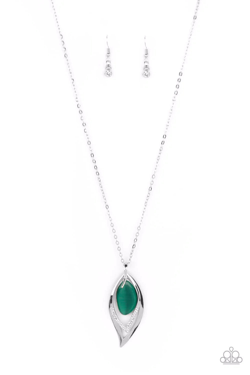 Magical Meadow - Green Cat's Eye Silver Leaf Necklace - Paparazzi Accessories - Alies Bling Bar