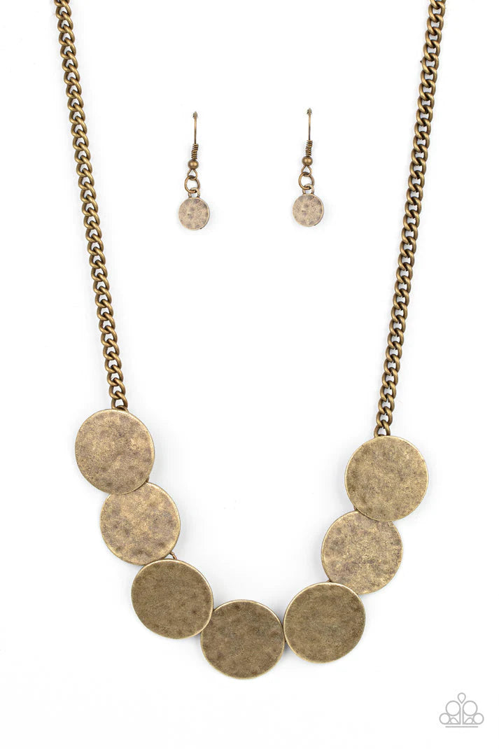 Flip a Coin - Brass Hammered Disc Necklace - Paparazzi Accessories - Alies Bling Bar