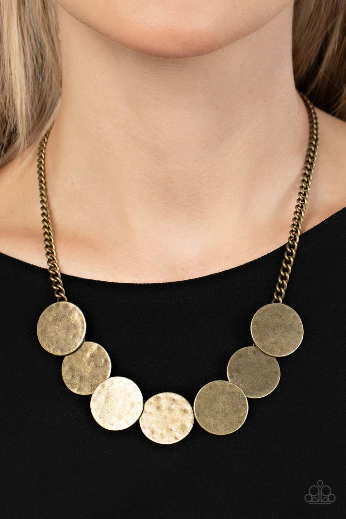 Flip a Coin - Brass Hammered Disc Necklace - Paparazzi Accessories - Alies Bling Bar