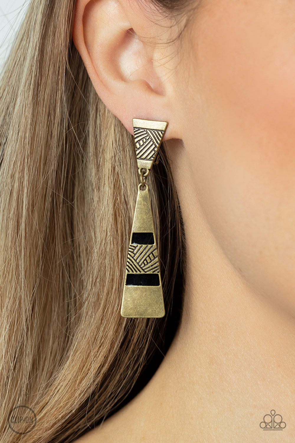 Safari Seeker - Brass - Clip On Earring - Paparazzi Accessories - Alies Bling Bar