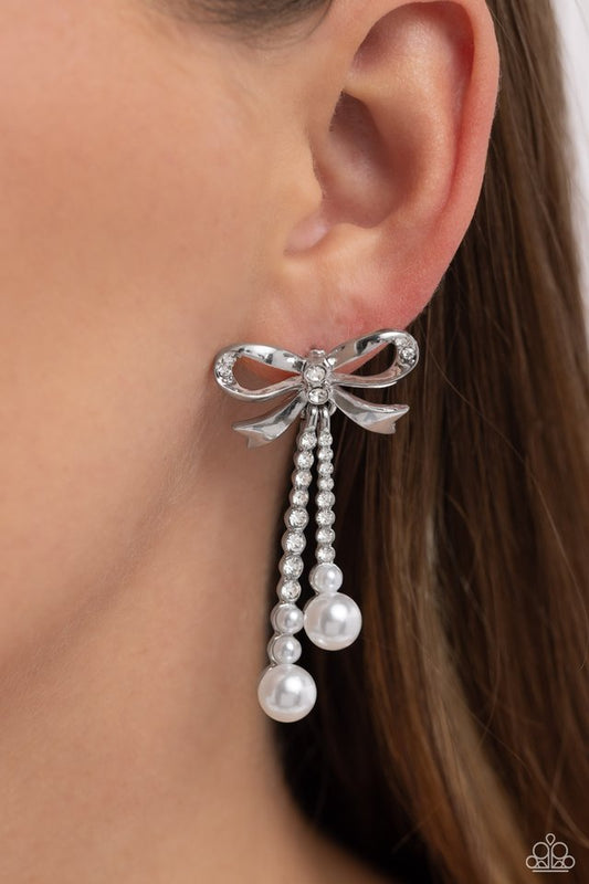Bodacious Bow - White Earrings - Paparazzi Accessories