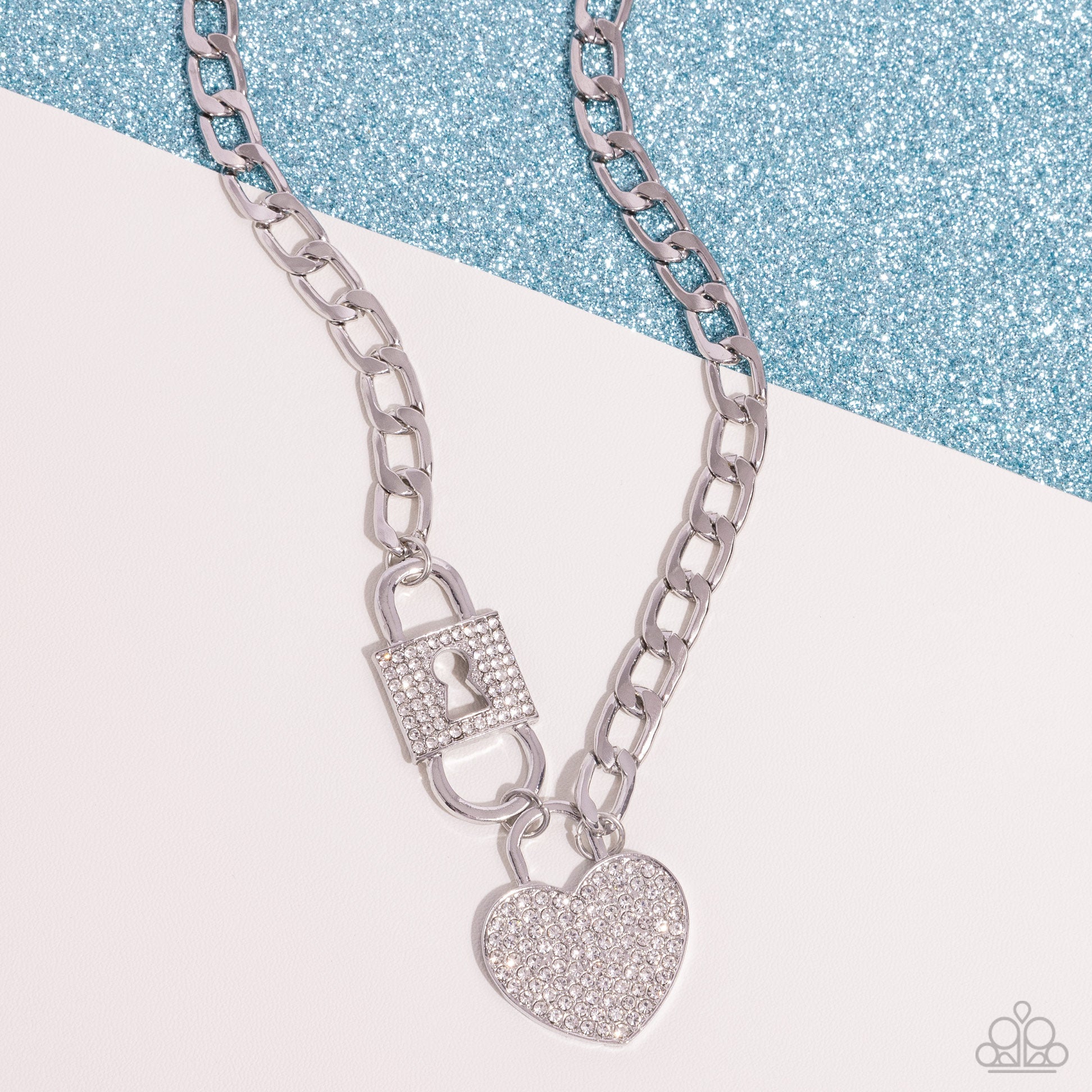 Lock Up Your Love - White Necklace - June 2024 Life of the Party Necklace Lock Heart- Paparazzi Accessories - Alies Bling Bar