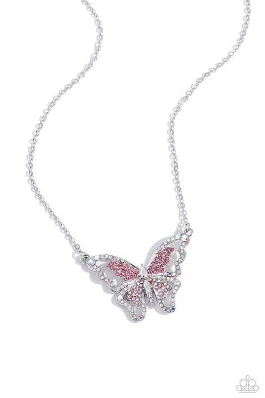 Weekend Wings - Pink & Iridescent Butterly Silver Necklace - Paparazzi Accessories - Alies Bling Bar