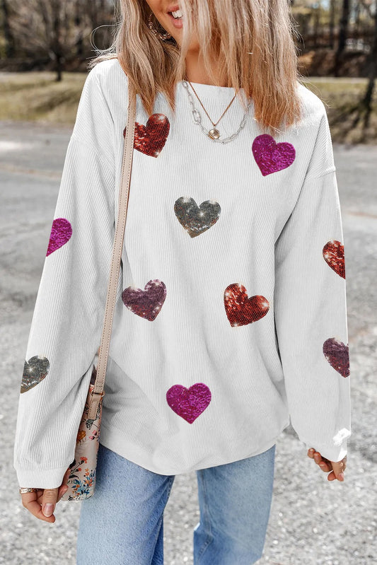 Sparkling Heart White Corded Sweatshirt - Alies Bling Bar