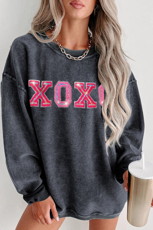 PREORDER - Gray Sequin XOXO Corded Crew Neck Sweatshirt - Alies Bling Bar