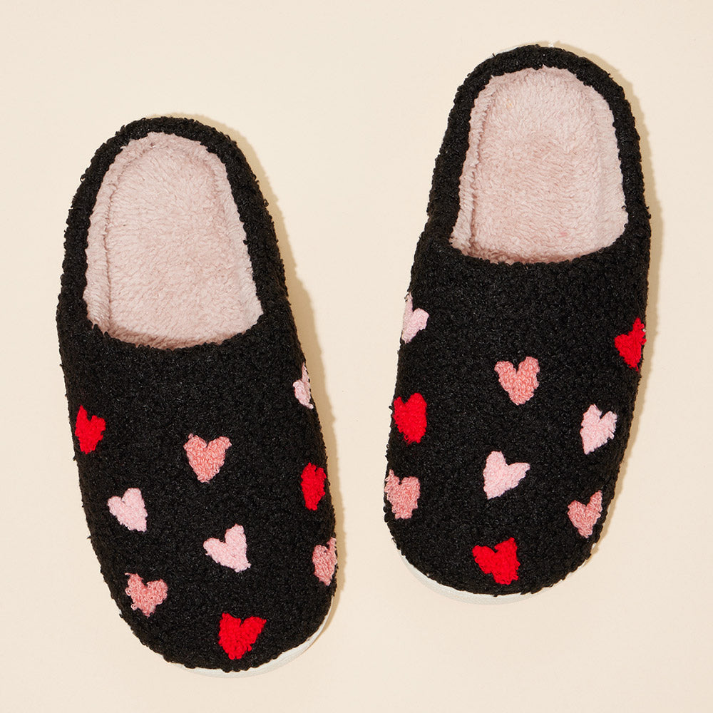 Sherpa Heart Polka Dot Slippers - Black - Alies Bling Bar