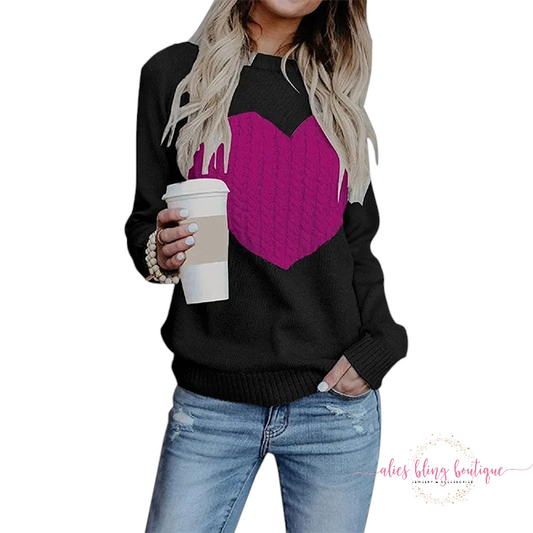 Black & Pink Cable Knit Heart Sweater - Alies Bling Bar