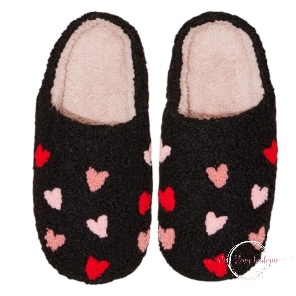 Sherpa Heart Polka Dot Slippers - Black - Alies Bling Bar