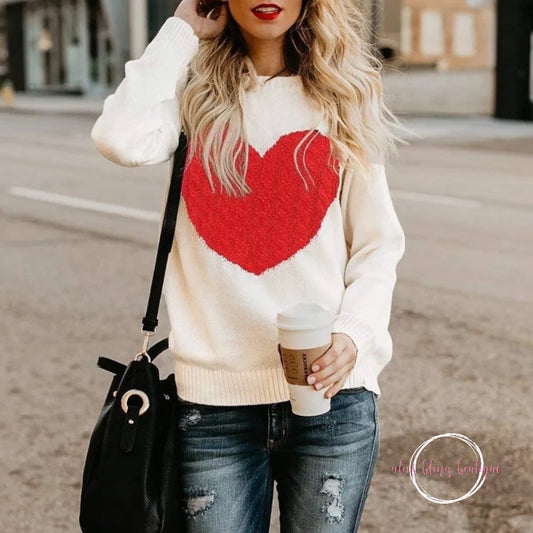 White & Red Cable Knit Heart Sweater - WOW WED - Alies Bling Bar