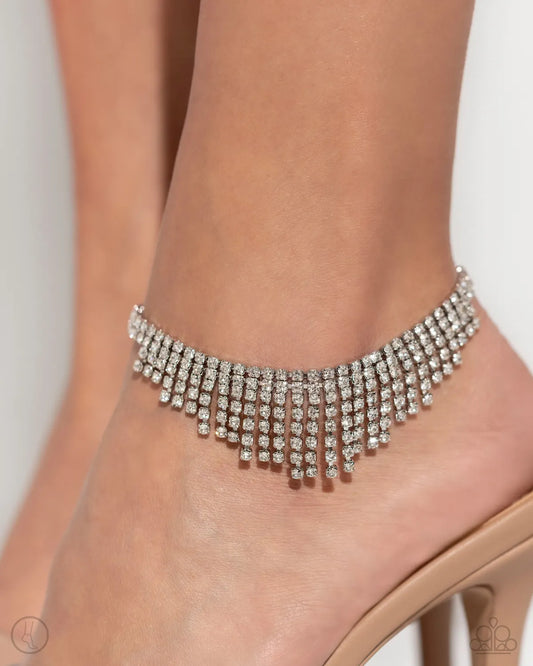 Curtain Confidence - White Anklet- April 2024 Life of the Party - Paparazzi Accessories - Alies Bling Bar