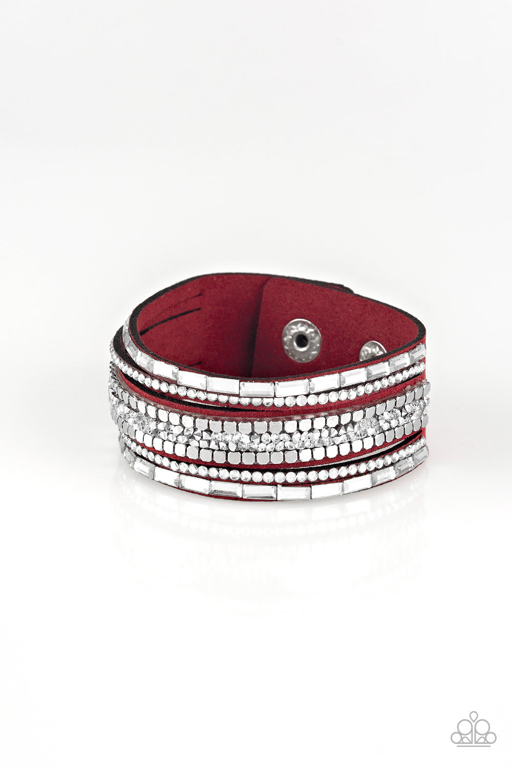 Paparazzi Rebel In Rhinestones - Red Suede Snap Bracelet - Alies Bling Bar