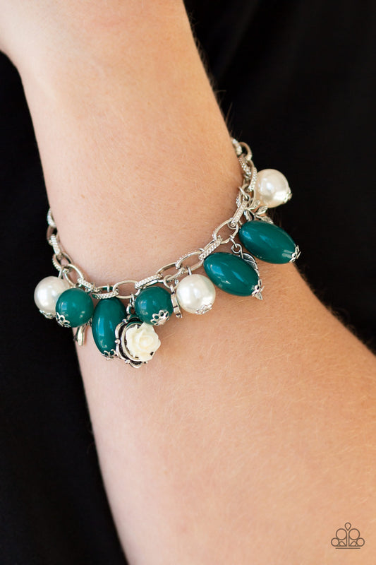 Love Doves - Green, White Pearl & Silver Charm Bracelet - Paparazzi Accessories - Alies Bling Bar