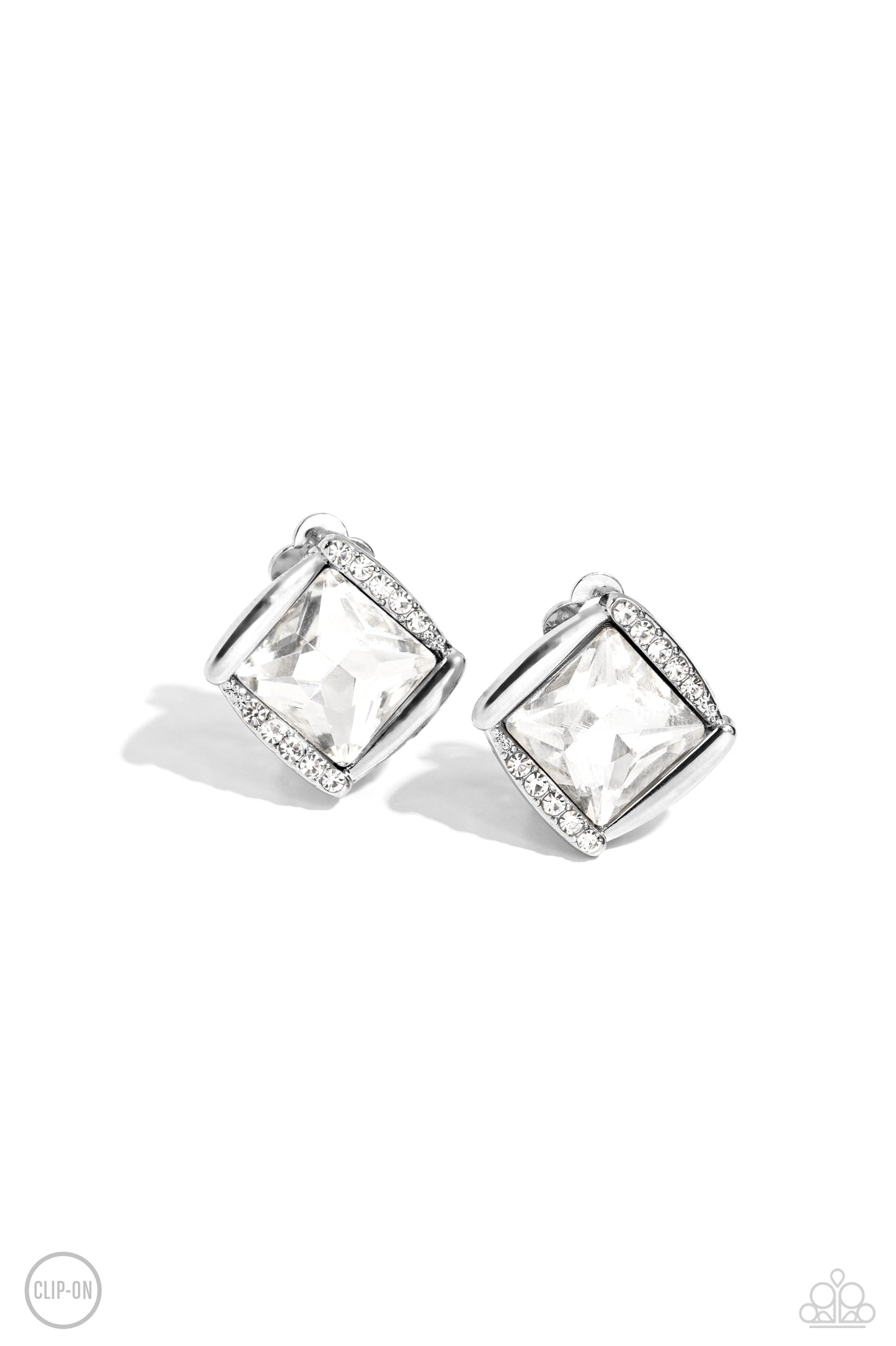 Sparkle Squared - White Clip On Earrings - Paparazzi Accessories - Alies Bling Bar