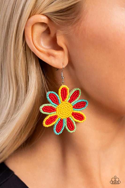 Decorated Daisies - Red Earrings - Paparazzi Accessories - Alies Bling Bar