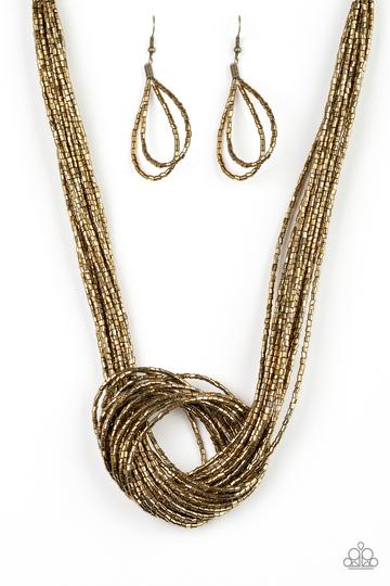 Paparazzi Knotted Knockout - Brass Seed Beads Necklace - Alies Bling Bar