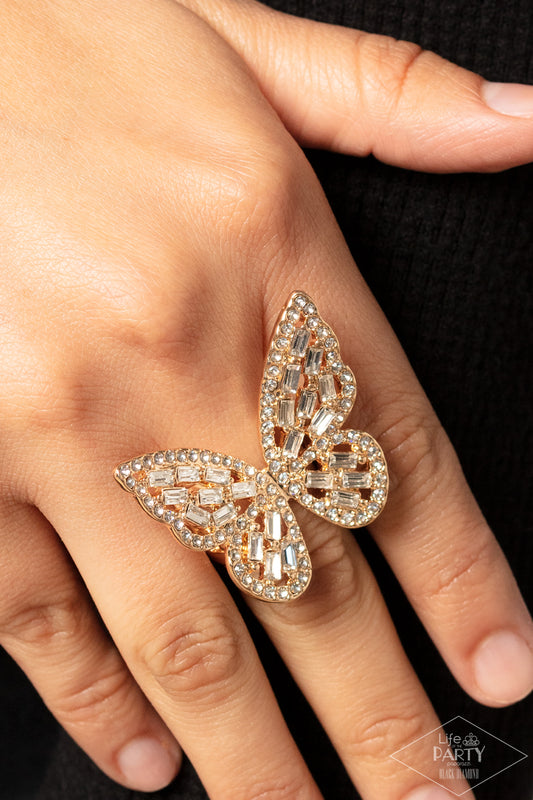 Flauntable Flutter - Gold Butterfly Ring - Black Diamond Exclusive - Paparazzi Accessories